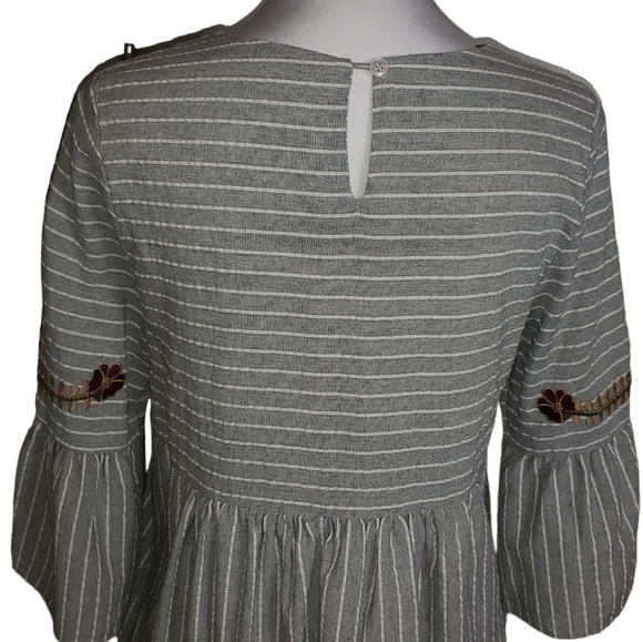 Orange Creek Gray Striped Floral Embroidered Dress Sz Medium Bell Sleeve Cotton - Picture 6 of 14
